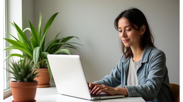 Adult in their 40s working on a laptop, looking relaxed and focused, with a plant nearby, symbolizing balanced digital life.